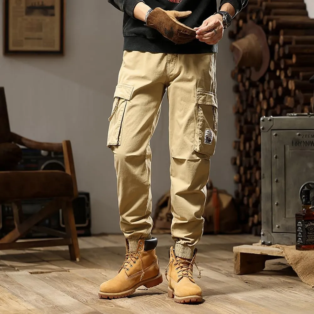 Men's Tactical Cargo Pants Drawstring Cotton Regular Fit Multi Pockets Work Trousers