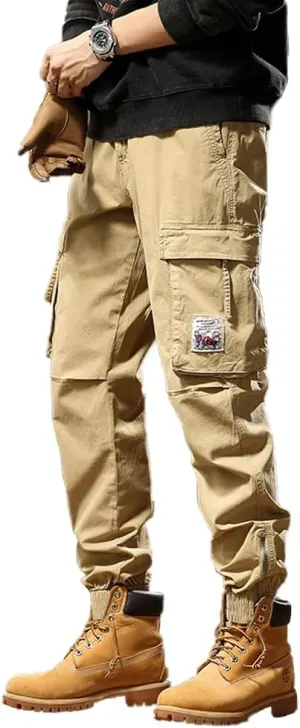 Men's Tactical Cargo Pants Drawstring Cotton Regular Fit Multi Pockets Work Trousers