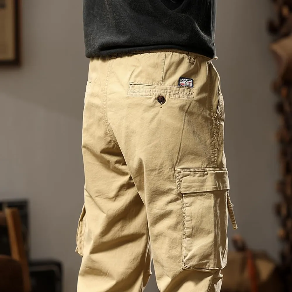 Men's Tactical Cargo Pants Drawstring Cotton Regular Fit Multi Pockets Work Trousers