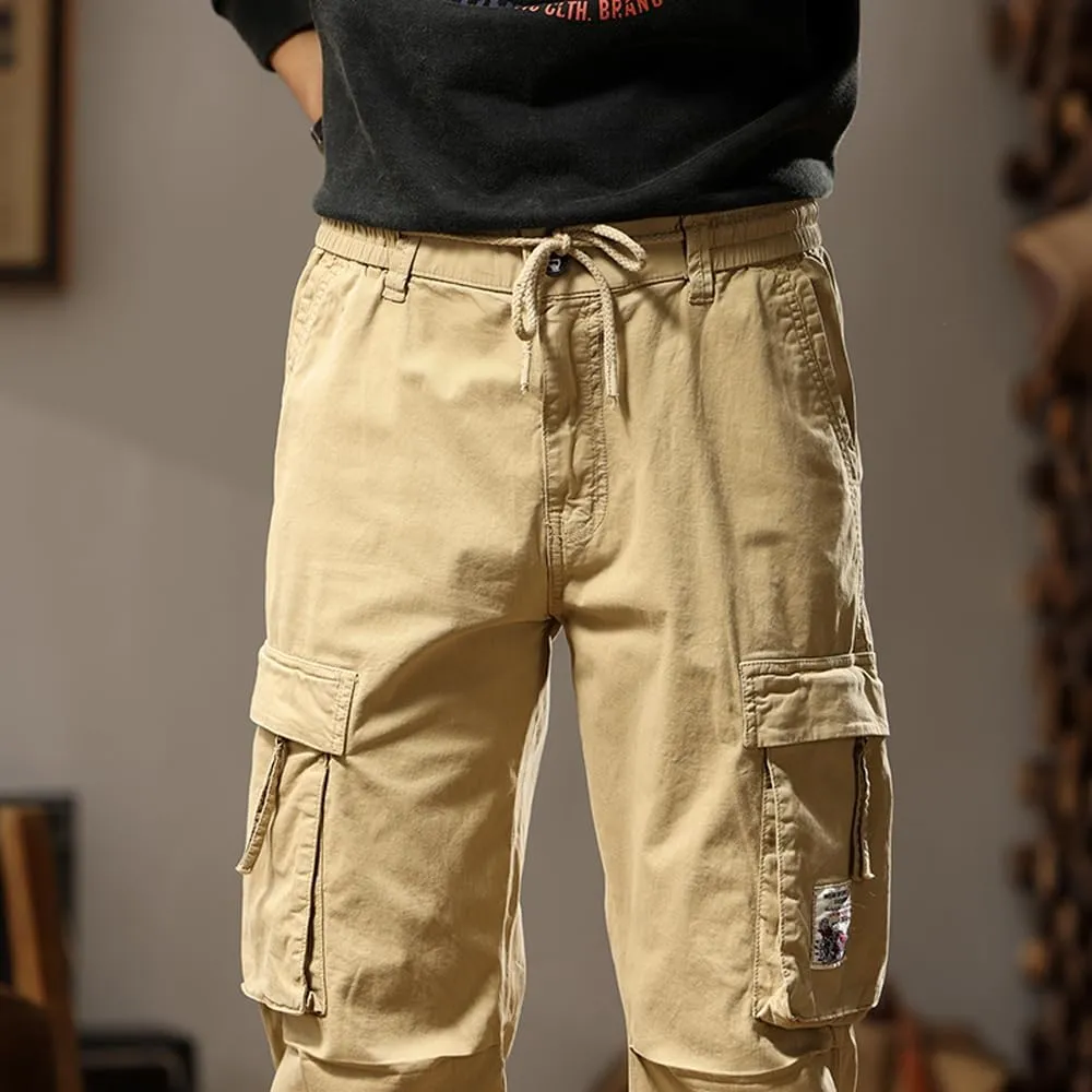 Men's Tactical Cargo Pants Drawstring Cotton Regular Fit Multi Pockets Work Trousers