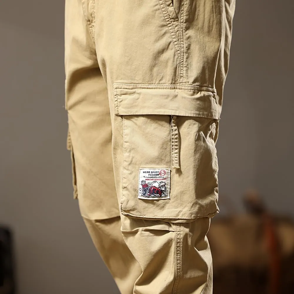 Men's Tactical Cargo Pants Drawstring Cotton Regular Fit Multi Pockets Work Trousers