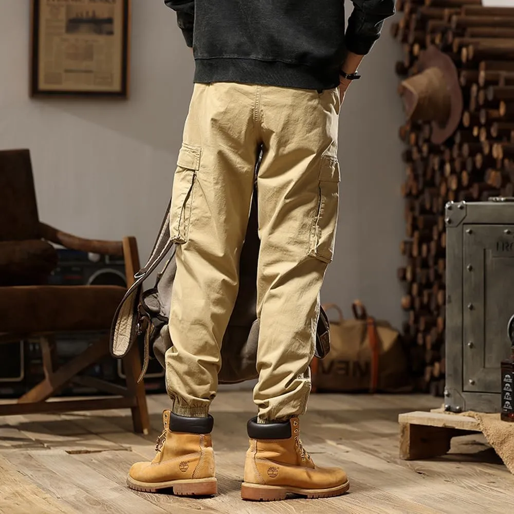 Men's Tactical Cargo Pants Drawstring Cotton Regular Fit Multi Pockets Work Trousers