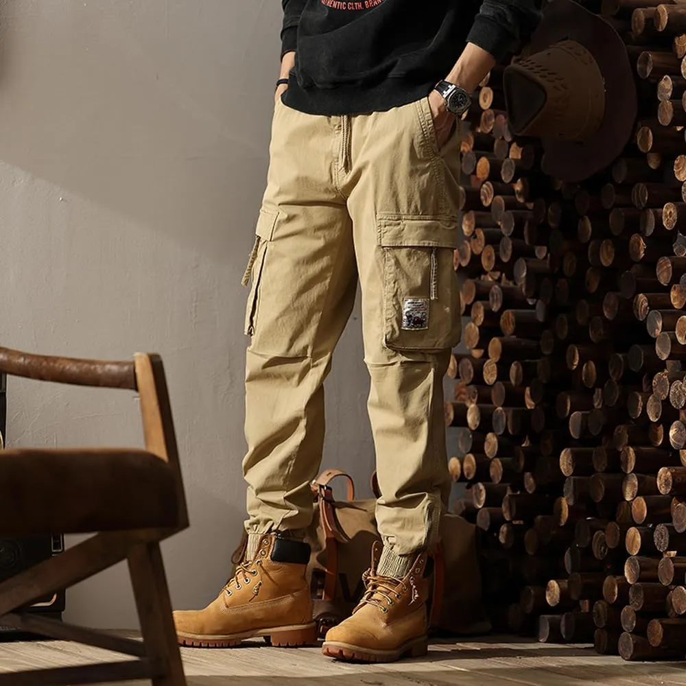 Men's Tactical Cargo Pants Drawstring Cotton Regular Fit Multi Pockets Work Trousers