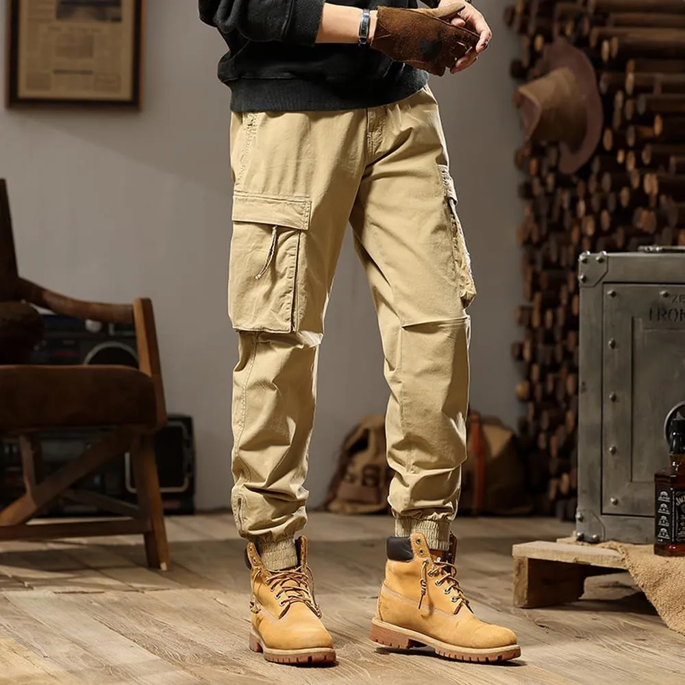 Men's Tactical Cargo Pants Drawstring Cotton Regular Fit Multi Pockets Work Trousers
