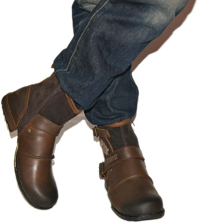 Men's Vintage Mid-calf Boots, Motorcycle Boots with Double Buckle Straps and Side Zippers - Casual Round Toe, Suitable for All Seasons