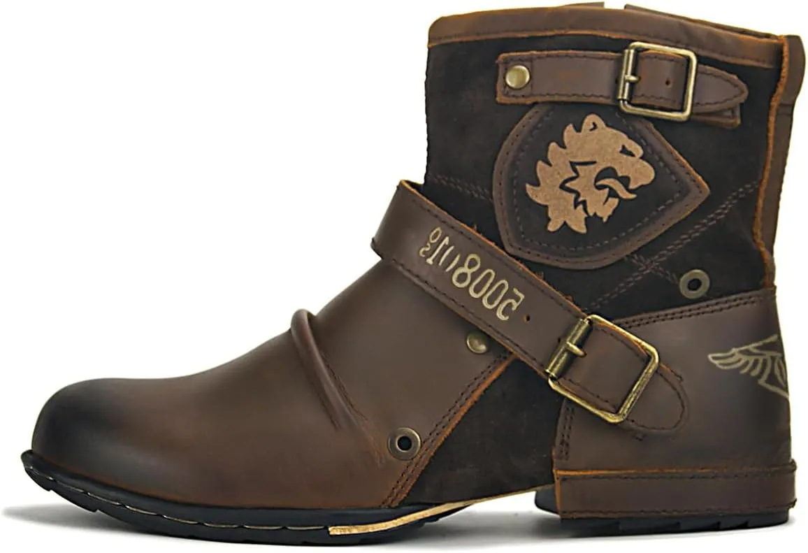 Men's Vintage Mid-calf Boots, Motorcycle Boots with Double Buckle Straps and Side Zippers - Casual Round Toe, Suitable for All Seasons
