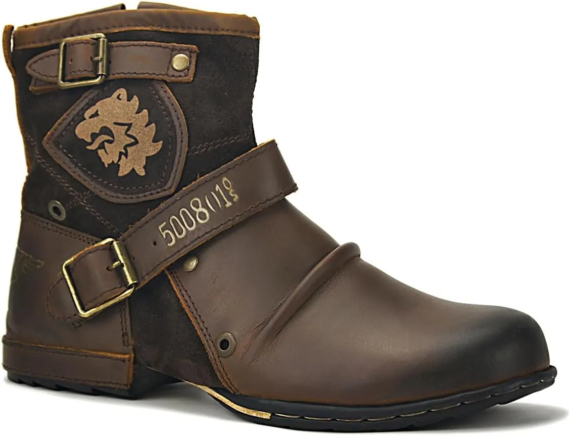 Men's Vintage Mid-calf Boots, Motorcycle Boots with Double Buckle Straps and Side Zippers - Casual Round Toe, Suitable for All Seasons