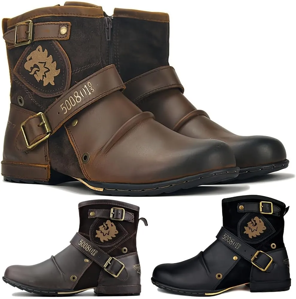 Men's Vintage Mid-calf Boots, Motorcycle Boots with Double Buckle Straps and Side Zippers - Casual Round Toe, Suitable for All Seasons