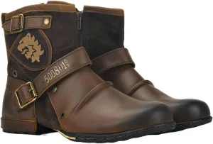 Men's Vintage Mid-calf Boots, Motorcycle Boots with Double Buckle Straps and Side Zippers - Casual Round Toe, Suitable for All Seasons