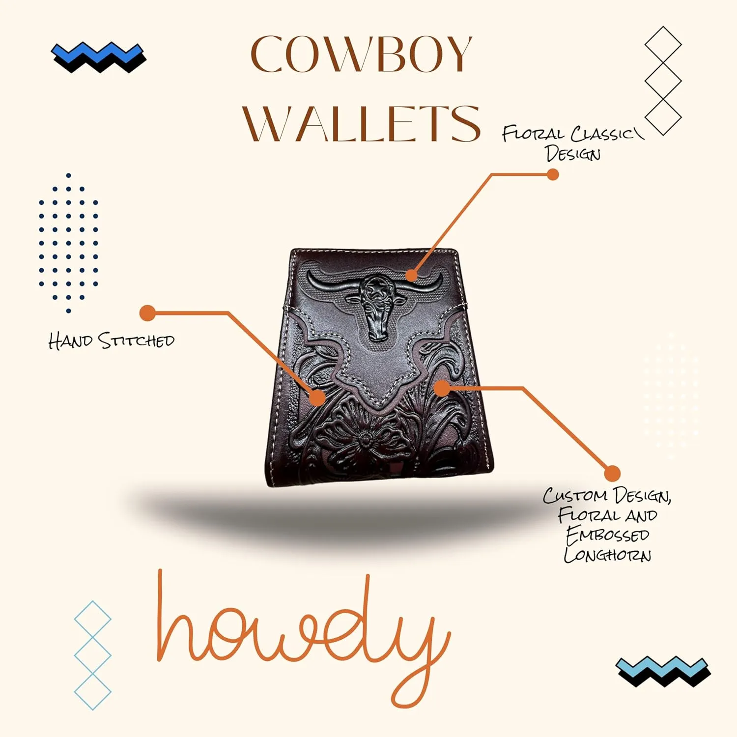Mens Wallet Floral Longhorn Embossed Cowboy Western Leather Wallet High End Cut Out Layered Leather Style Mens Wallets Leather Bull Rider Rodeo Gifts For Men (Coffee & Coffee)
