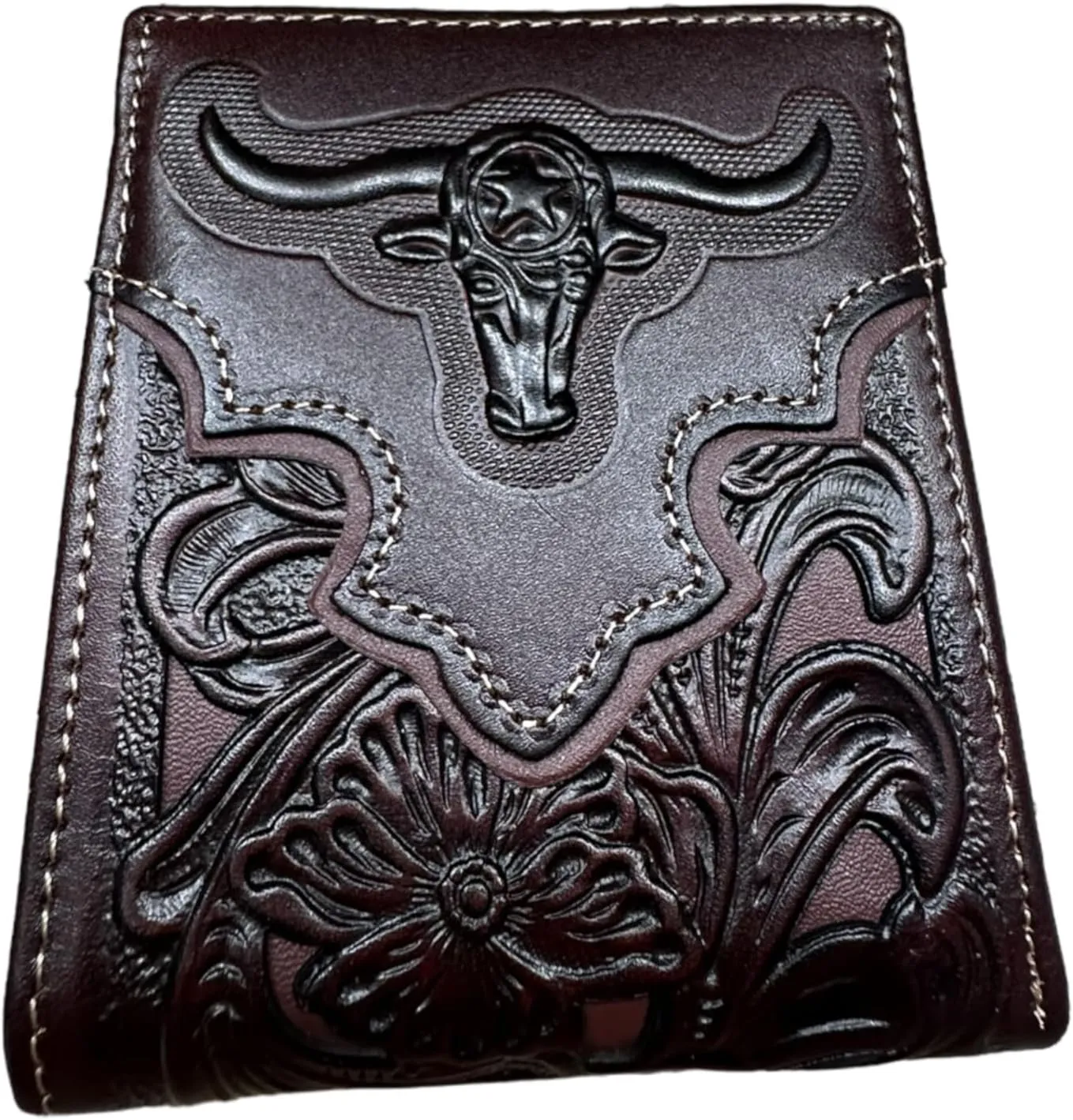 Mens Wallet Floral Longhorn Embossed Cowboy Western Leather Wallet High End Cut Out Layered Leather Style Mens Wallets Leather Bull Rider Rodeo Gifts For Men (Coffee & Coffee)