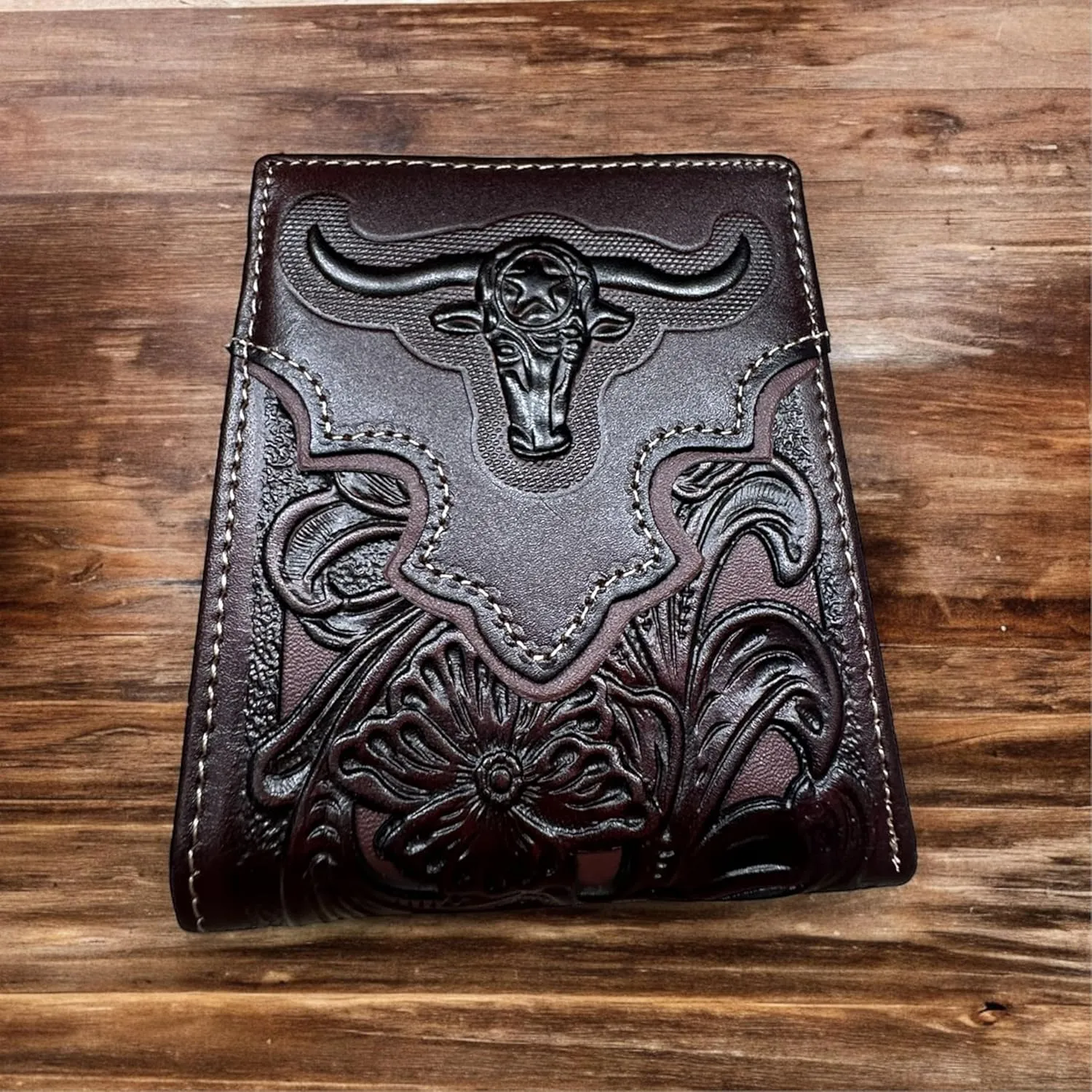 Mens Wallet Floral Longhorn Embossed Cowboy Western Leather Wallet High End Cut Out Layered Leather Style Mens Wallets Leather Bull Rider Rodeo Gifts For Men (Coffee & Coffee)