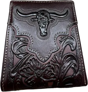 Mens Wallet Floral Longhorn Embossed Cowboy Western Leather Wallet High End Cut Out Layered Leather Style Mens Wallets Leather Bull Rider Rodeo Gifts For Men (Coffee & Coffee)