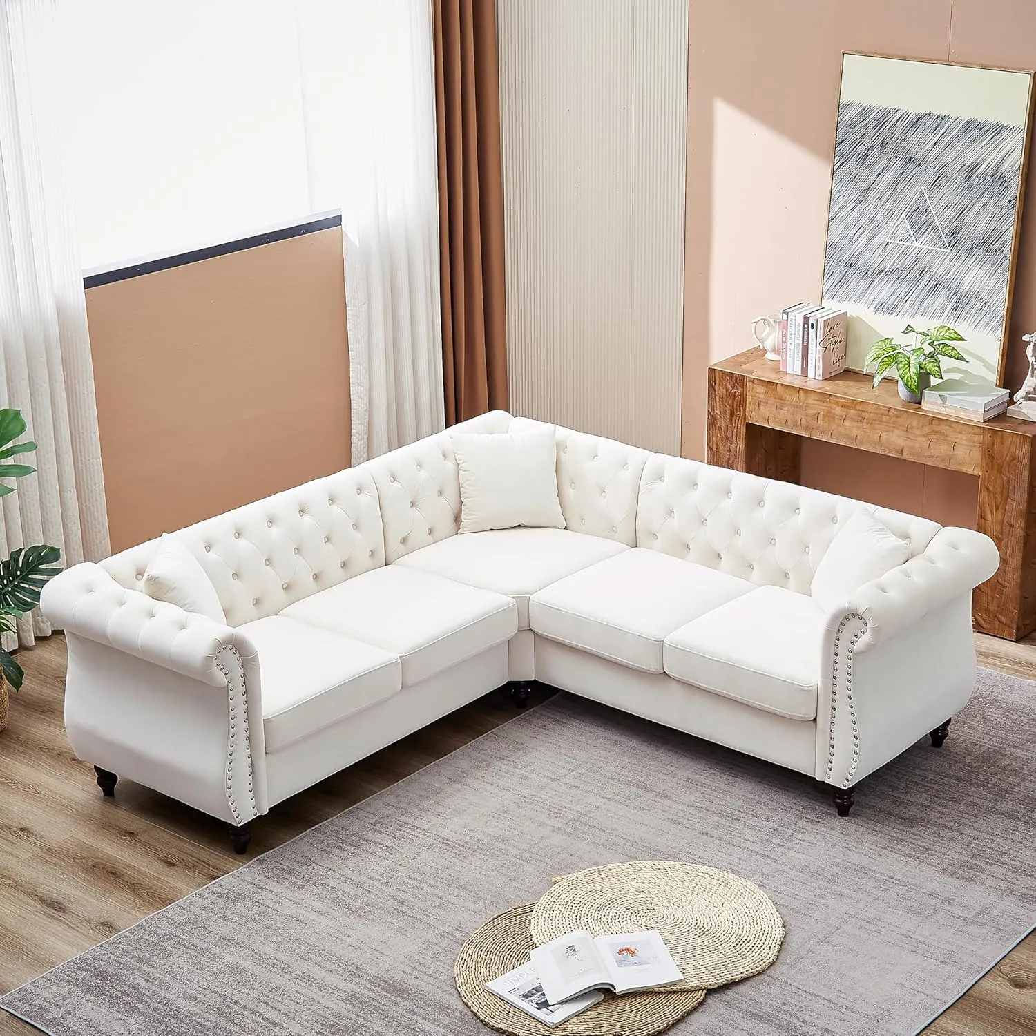 Merax L-Shaped 83.5-inch Sofa Couch, Luxury Classic Chesterfield Velvet Corner Sofa, Button Tufted Upholstered Sectional Corner Sofa with 3 Pillows and Solid Wood Gourd Legs, Beige