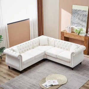 Merax L-Shaped 83.5-inch Sofa Couch, Luxury Classic Chesterfield Velvet Corner Sofa, Button Tufted Upholstered Sectional Corner Sofa with 3 Pillows and Solid Wood Gourd Legs, Beige