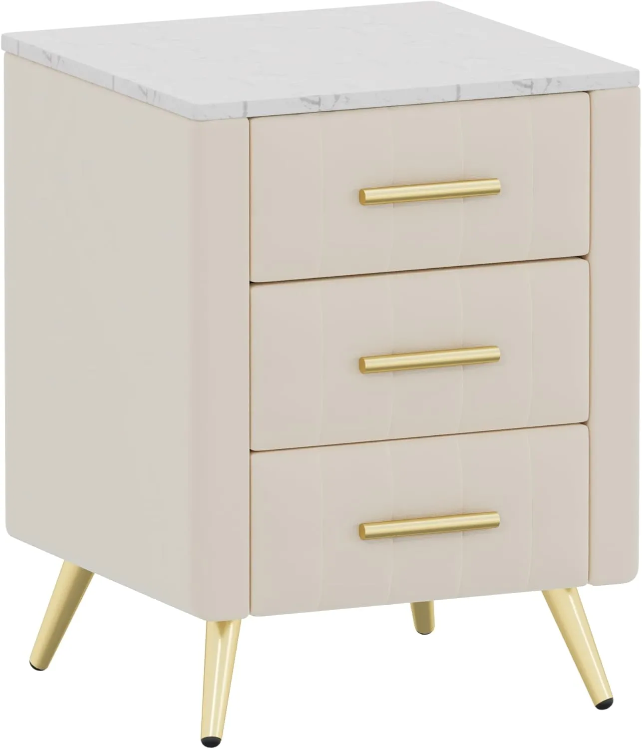 Merax Nightstand with 3 Storage Drawers, Upholstered Wood Bedside End Table with Marbling Top, Beige