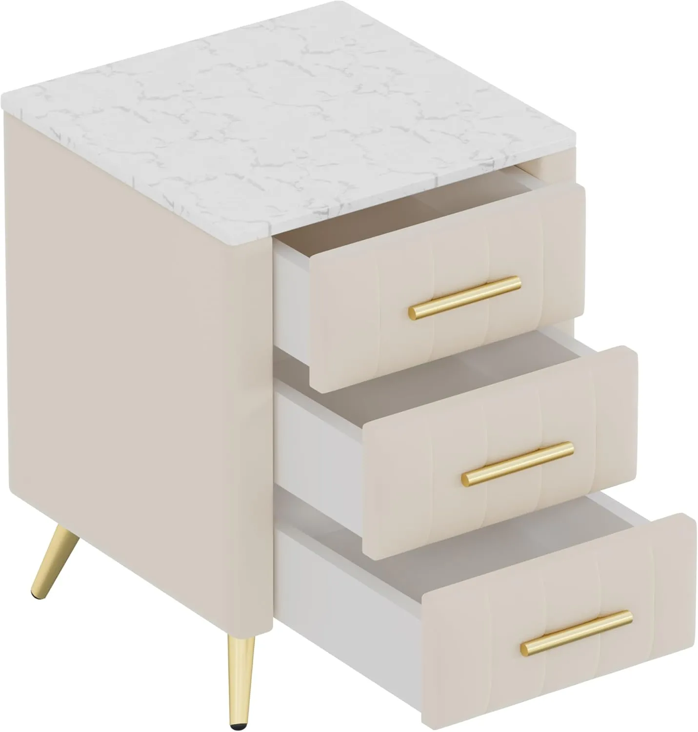Merax Nightstand with 3 Storage Drawers, Upholstered Wood Bedside End Table with Marbling Top, Beige