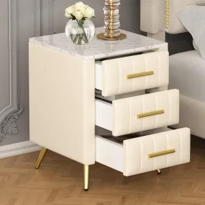 Merax Nightstand with 3 Storage Drawers, Upholstered Wood Bedside End Table with Marbling Top, Beige