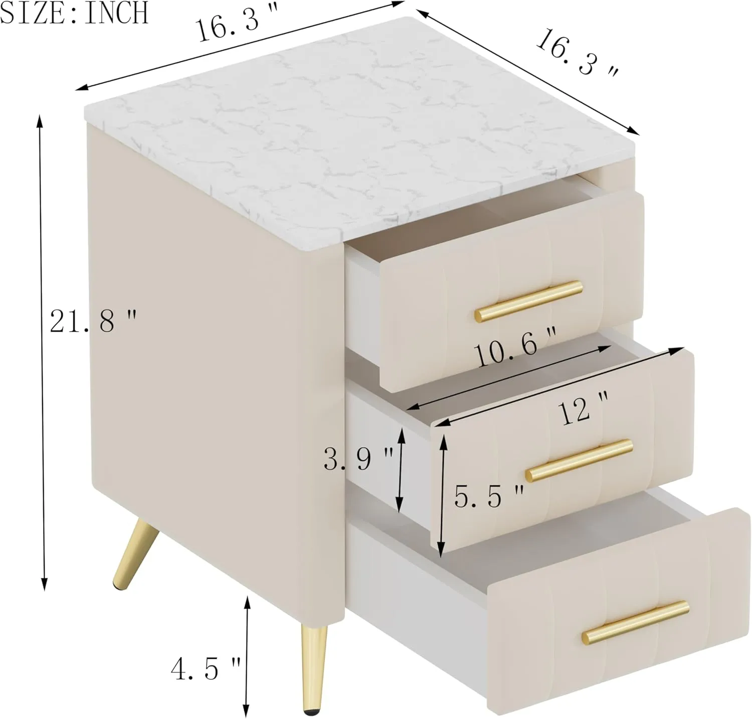 Merax Nightstand with 3 Storage Drawers, Upholstered Wood Bedside End Table with Marbling Top, Beige