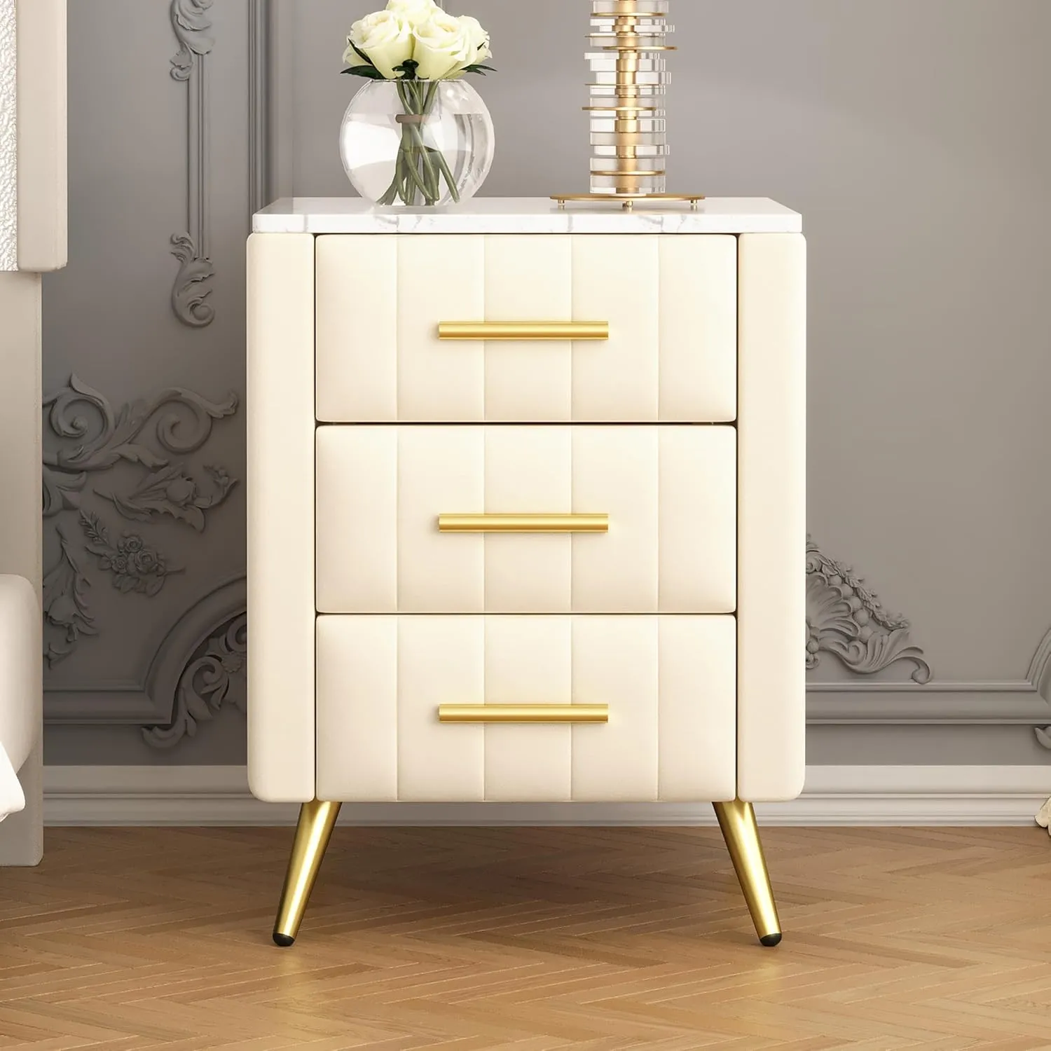 Merax Nightstand with Drawers Set of 2, Upholstered Wood Bedside End Table with Marbling Top, Beige
