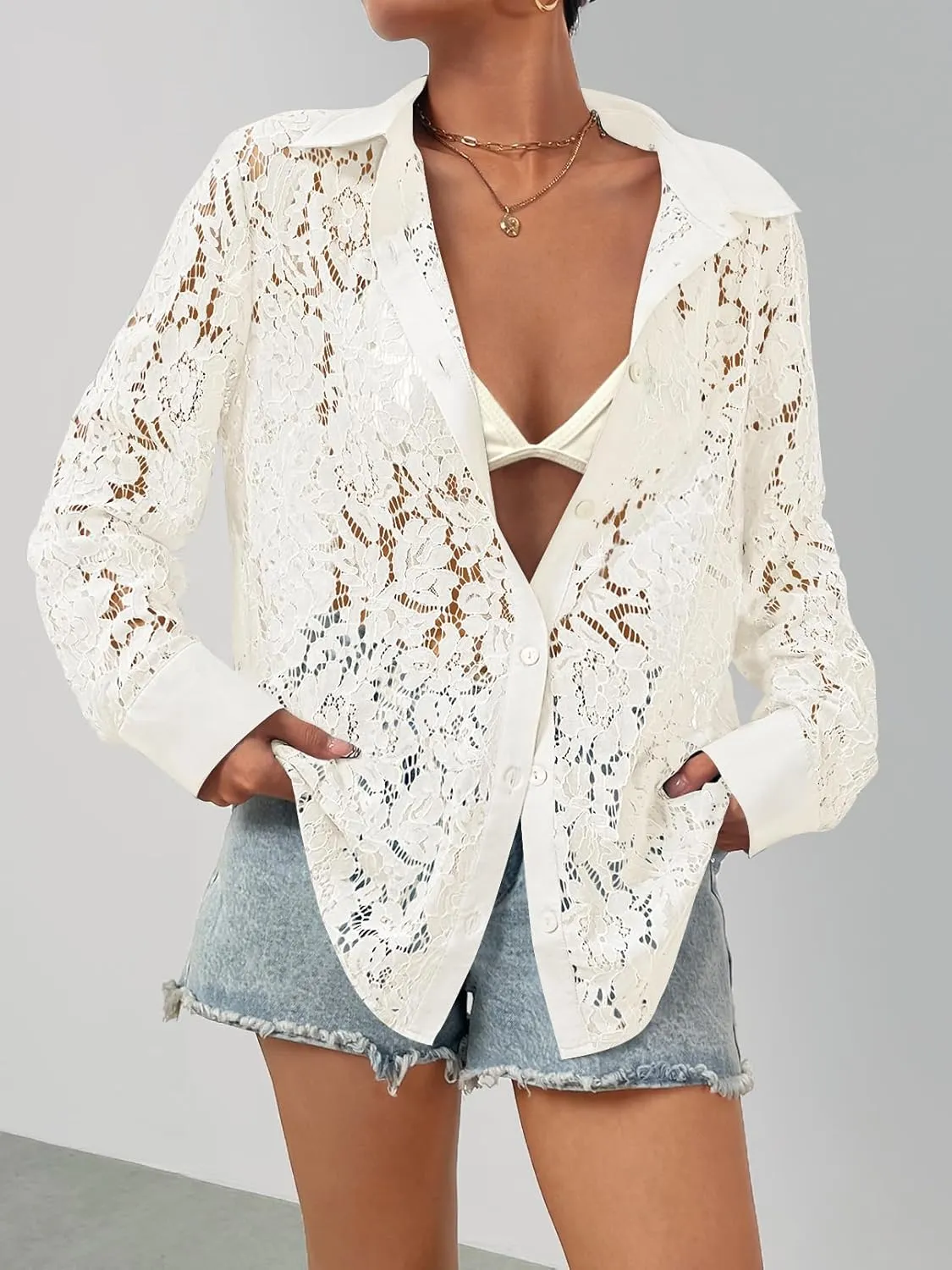 MEROKEETY Women's Lace Long Sleeve Tops Dressy Casual Blouse Button Down Sheer Elegant Summer Shirts