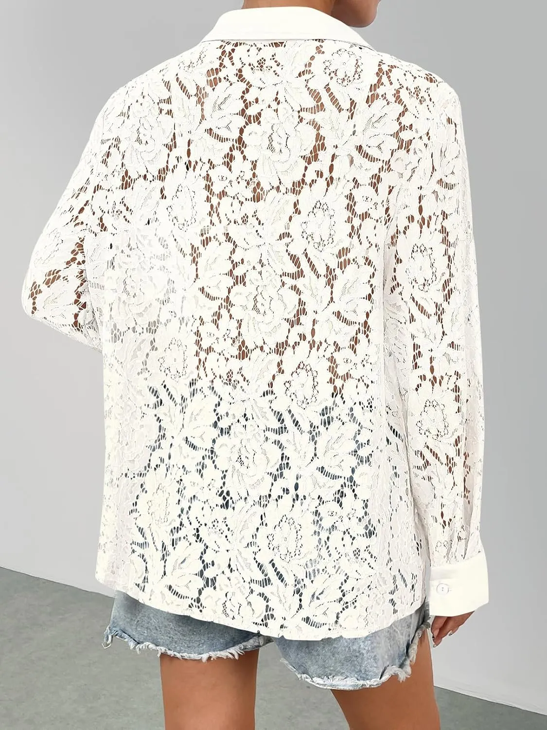 MEROKEETY Women's Lace Long Sleeve Tops Dressy Casual Blouse Button Down Sheer Elegant Summer Shirts