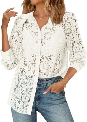 MEROKEETY Women's Lace Long Sleeve Tops Dressy Casual Blouse Button Down Sheer Elegant Summer Shirts