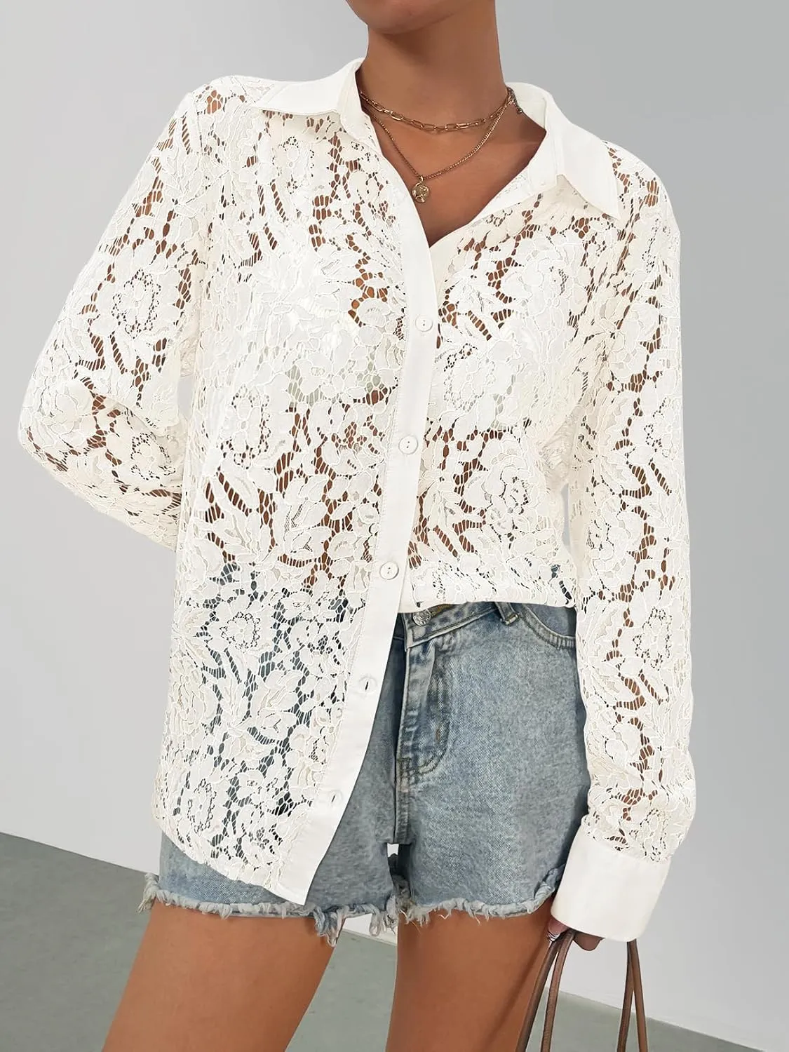 MEROKEETY Women's Lace Long Sleeve Tops Dressy Casual Blouse Button Down Sheer Elegant Summer Shirts