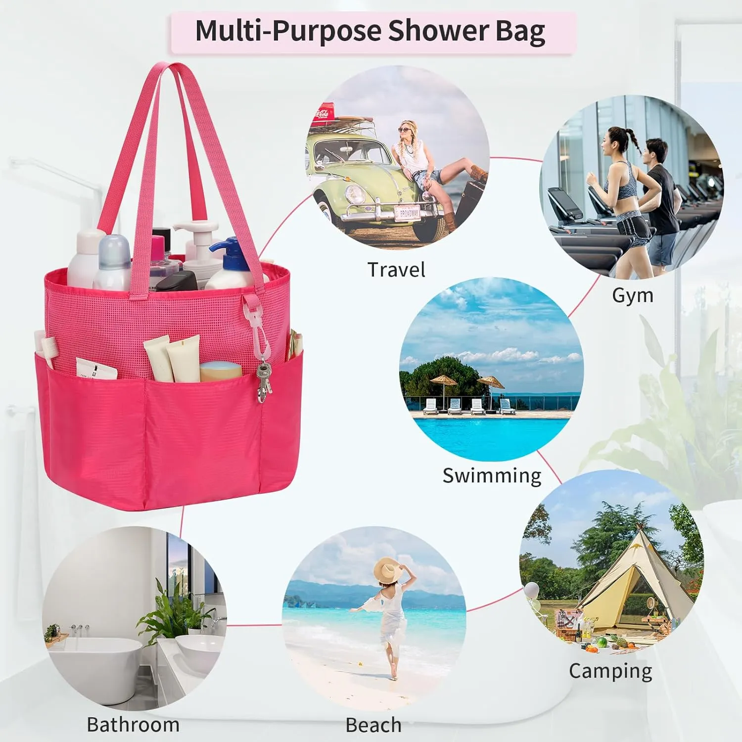 Mesh Shower Caddy Portable, Travel Toiletry Bag for Women Men, Large Capacity Shower Bag Quick Dry Bathroom Bag for Dorm, Gym, Bathroom, Camping, Beach, Swimming, Traveling, Rose Red