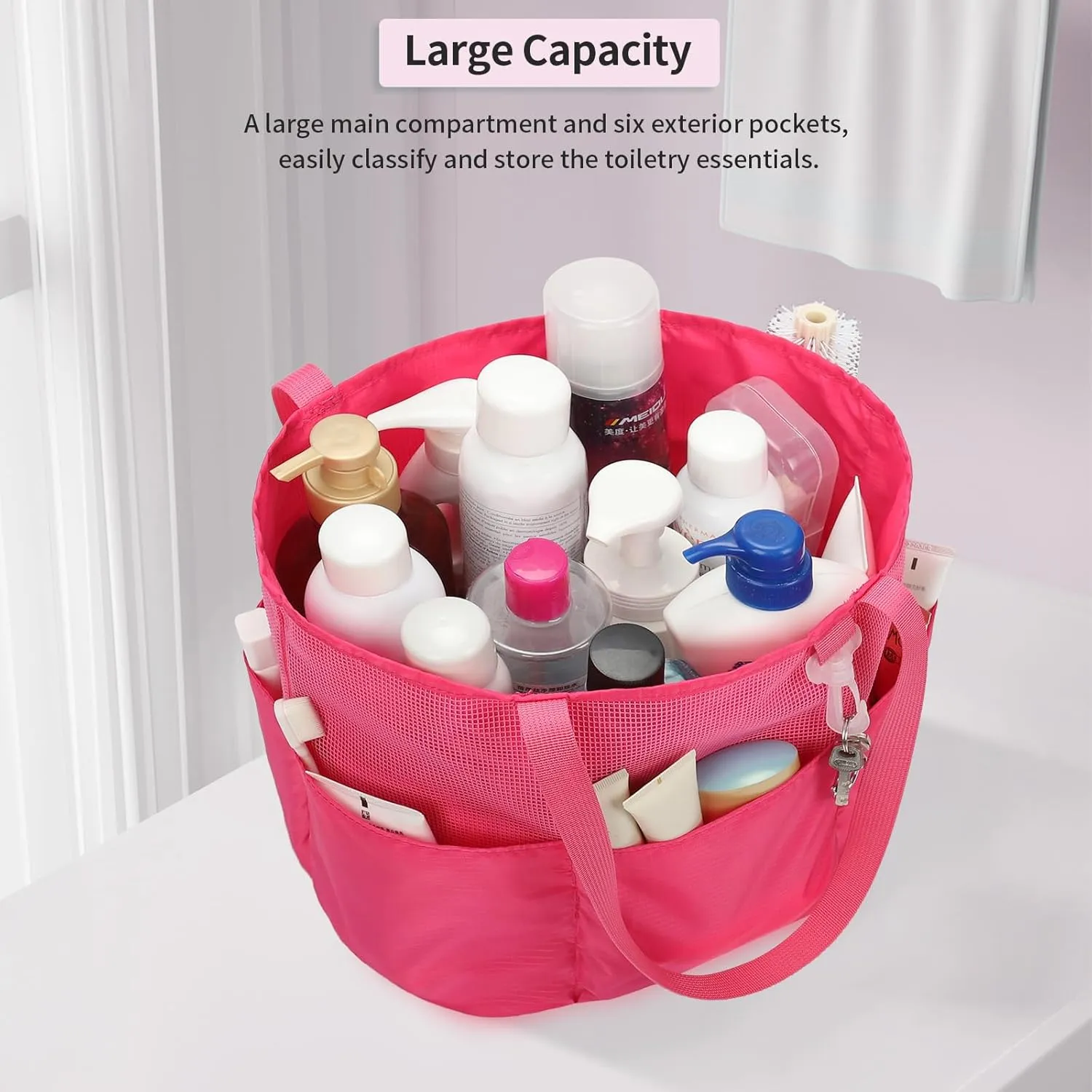 Mesh Shower Caddy Portable, Travel Toiletry Bag for Women Men, Large Capacity Shower Bag Quick Dry Bathroom Bag for Dorm, Gym, Bathroom, Camping, Beach, Swimming, Traveling, Rose Red