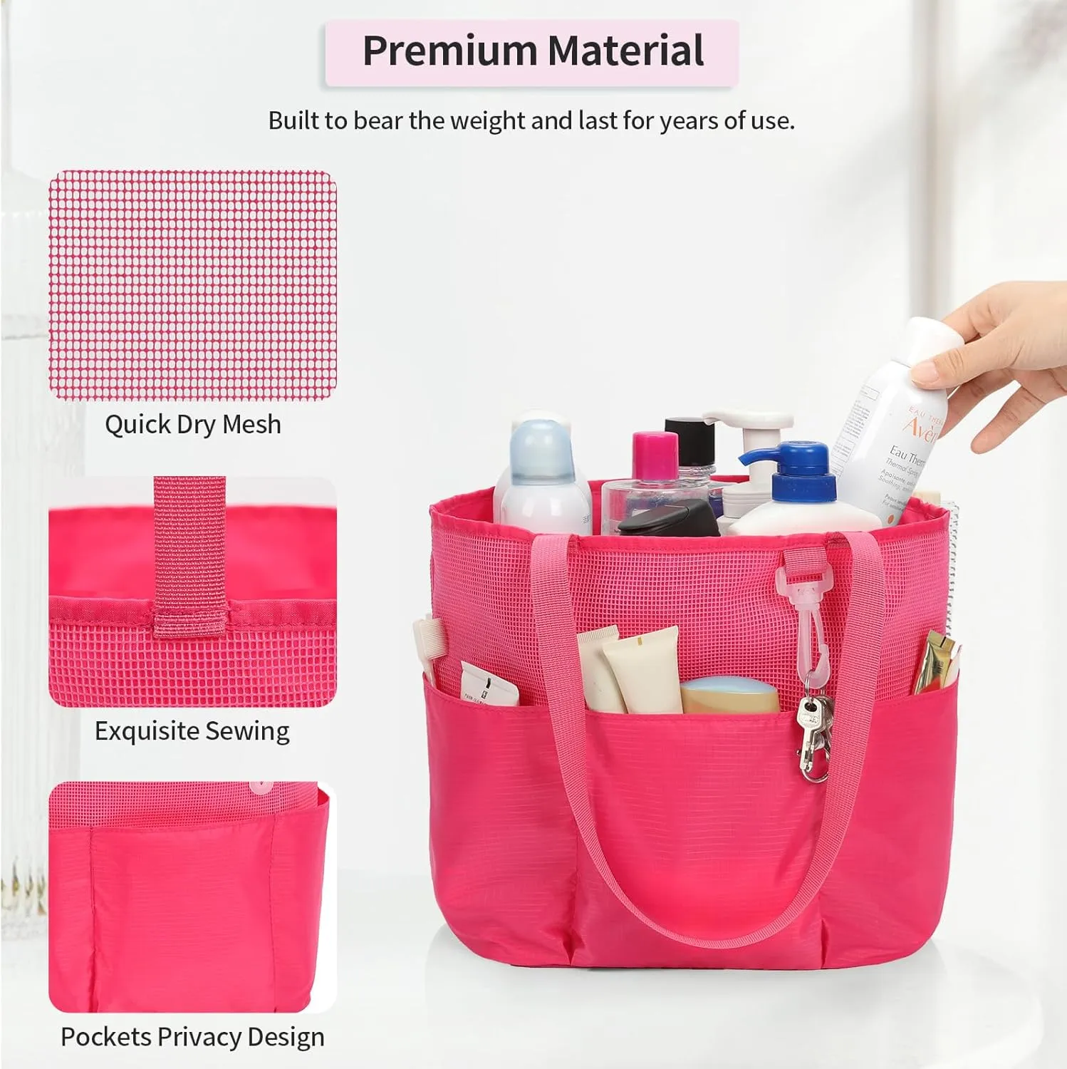 Mesh Shower Caddy Portable, Travel Toiletry Bag for Women Men, Large Capacity Shower Bag Quick Dry Bathroom Bag for Dorm, Gym, Bathroom, Camping, Beach, Swimming, Traveling, Rose Red