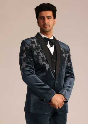 Metallic Grey Velvet Suit With Zardosi Detailing