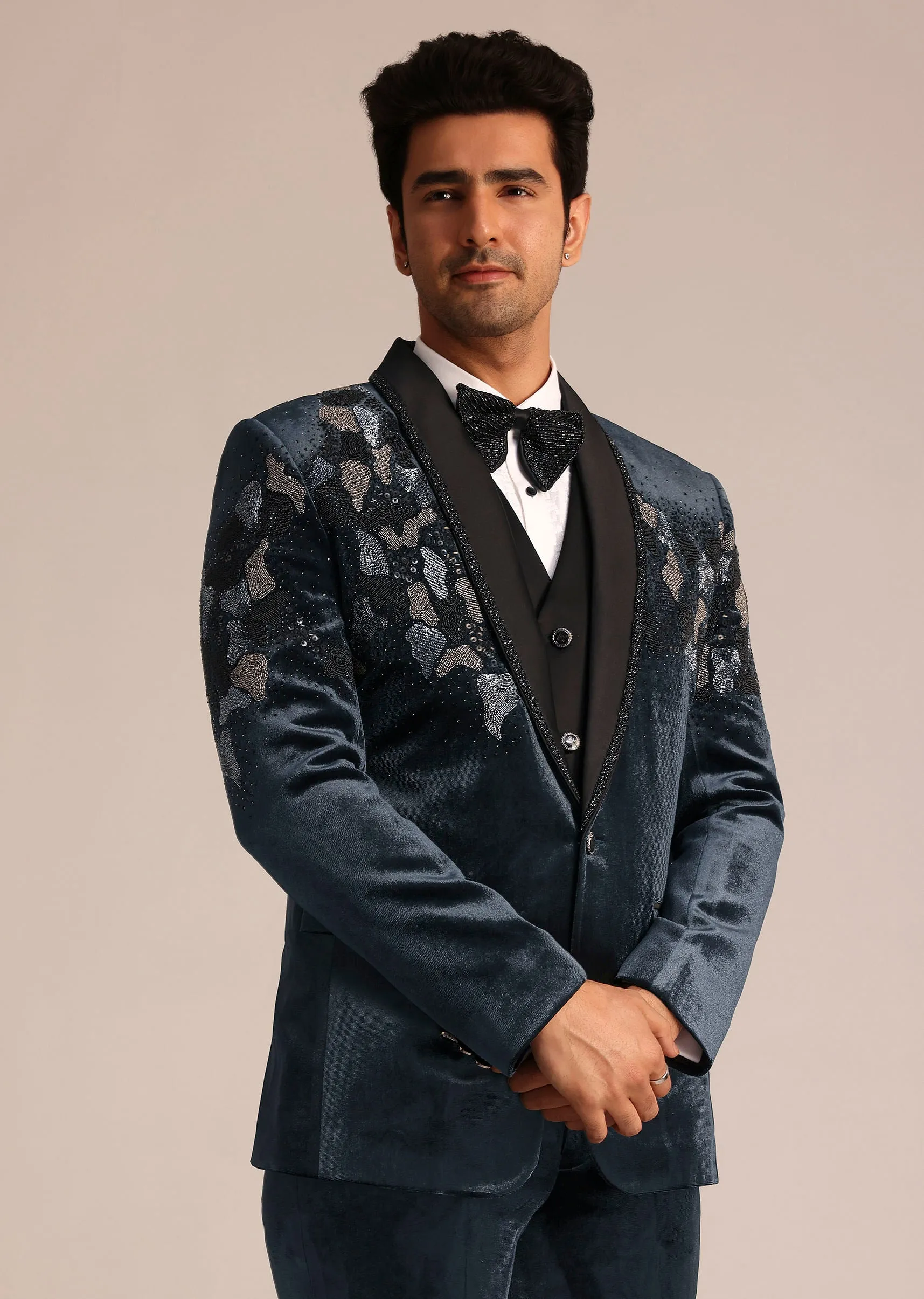 Metallic Grey Velvet Suit With Zardosi Detailing