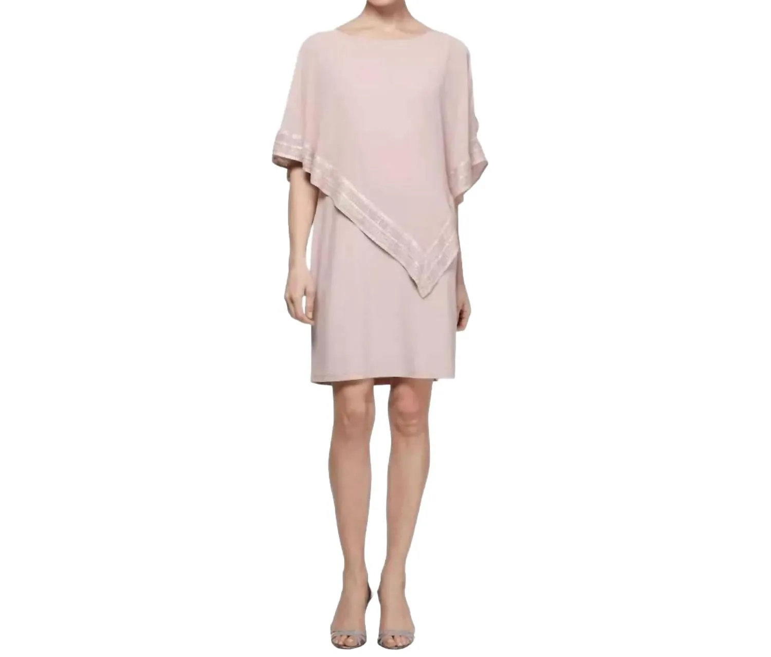 Metallic Trim Capelet Sheath Dress In Pink Silver