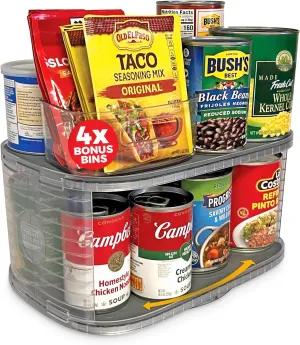 Mighty Susan Kitchen Organizer for Canned Goods: 2-Tiered Robust Turntable Organizer for Cabinet/Pantry. Steel Reinforced Holds Up To 30 lbs. Rotates 360° for Maximum Visibility. Includes 4 Bonus Bins