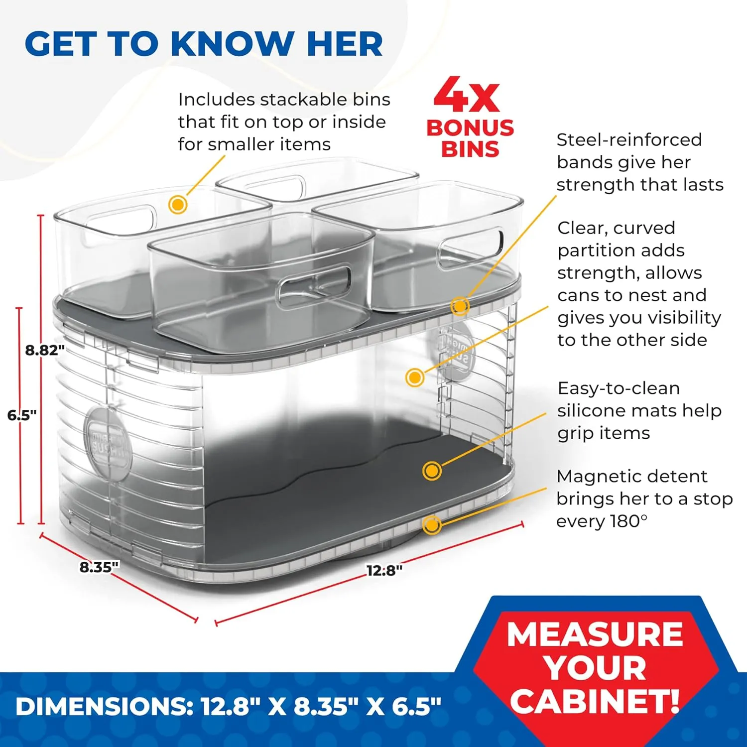 Mighty Susan Kitchen Organizer for Canned Goods: 2-Tiered Robust Turntable Organizer for Cabinet/Pantry. Steel Reinforced Holds Up To 30 lbs. Rotates 360° for Maximum Visibility. Includes 4 Bonus Bins
