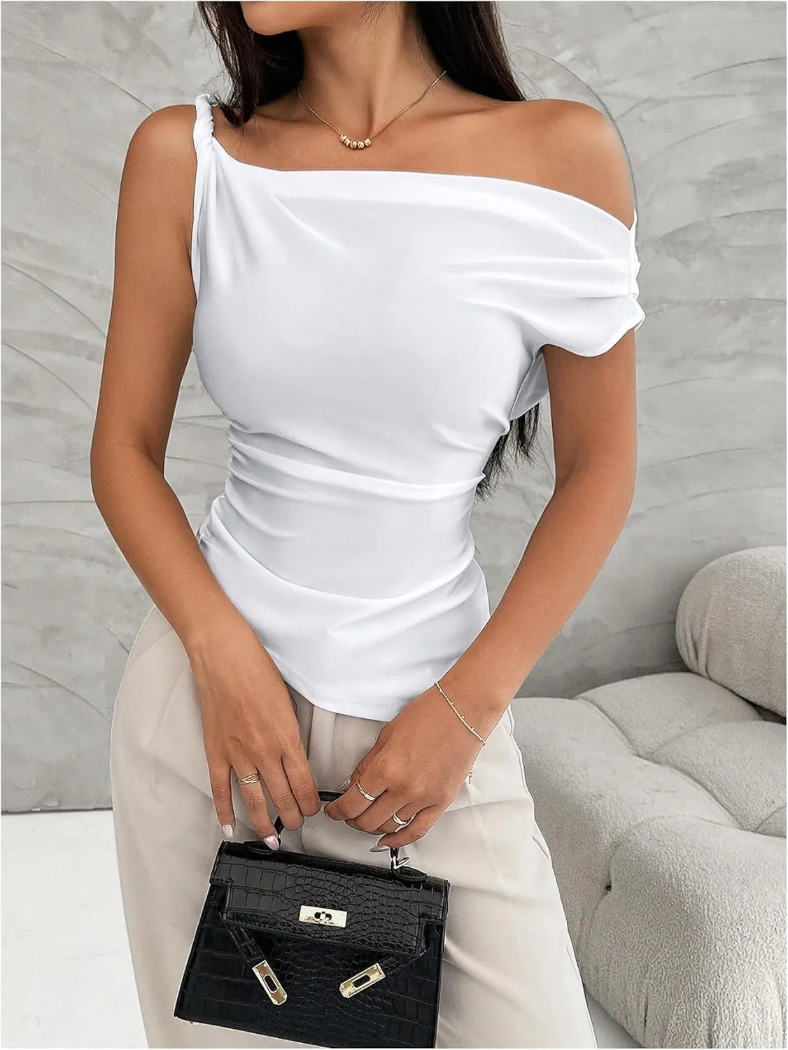 Milumia Women's Twisted Asymmetrical Neck Short Sleeve T Shirt Elegant Concert Tops