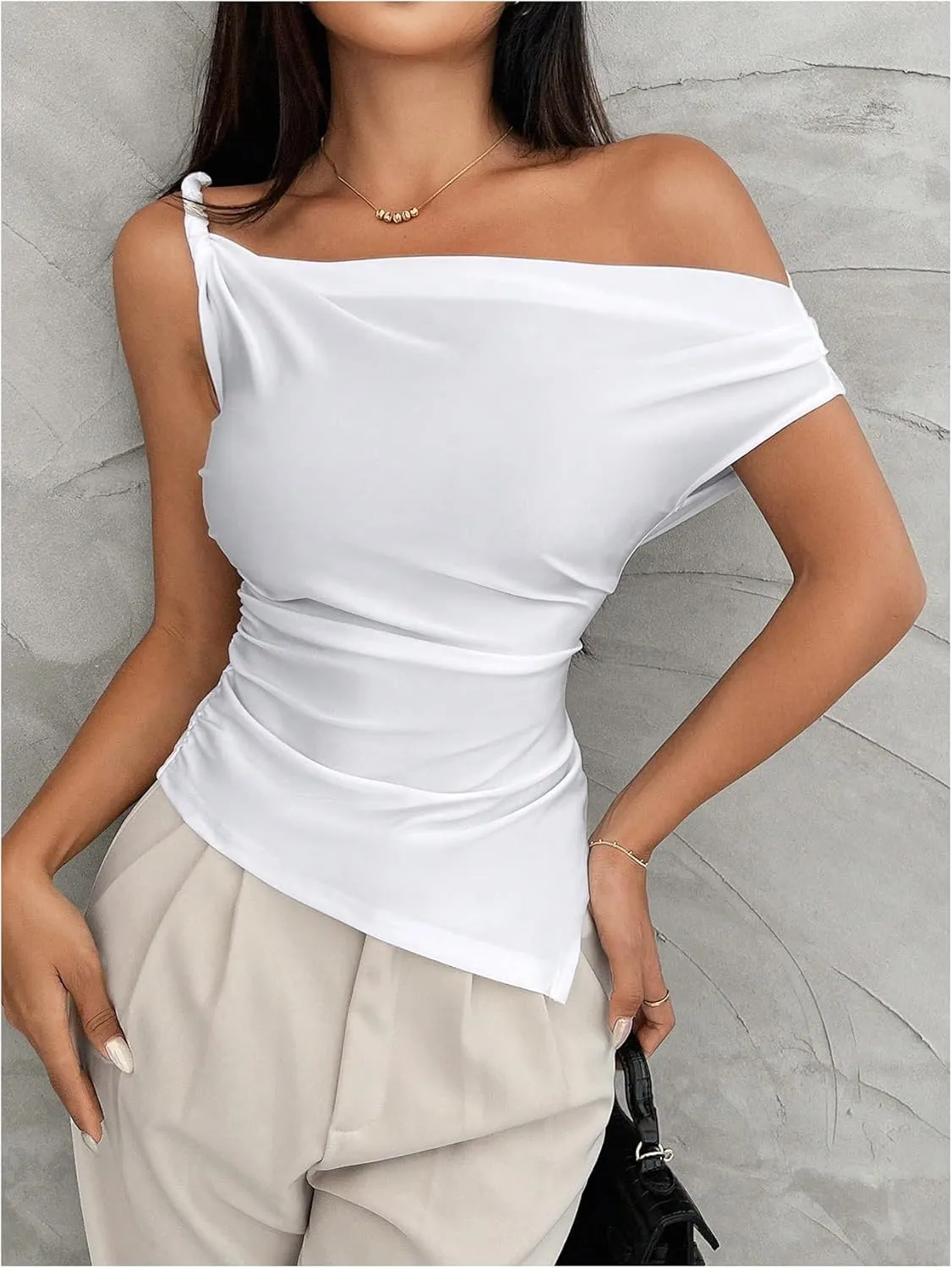 Milumia Women's Twisted Asymmetrical Neck Short Sleeve T Shirt Elegant Concert Tops