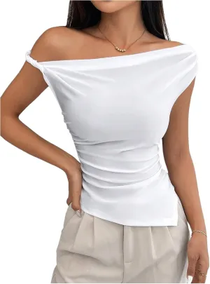 Milumia Women's Twisted Asymmetrical Neck Short Sleeve T Shirt Elegant Concert Tops