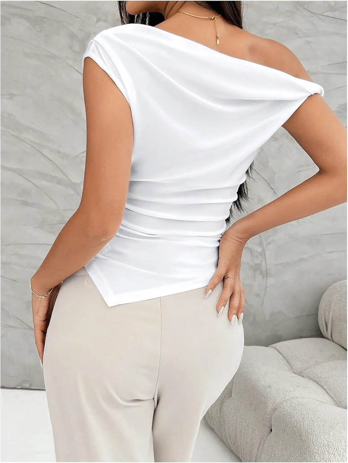 Milumia Women's Twisted Asymmetrical Neck Short Sleeve T Shirt Elegant Concert Tops