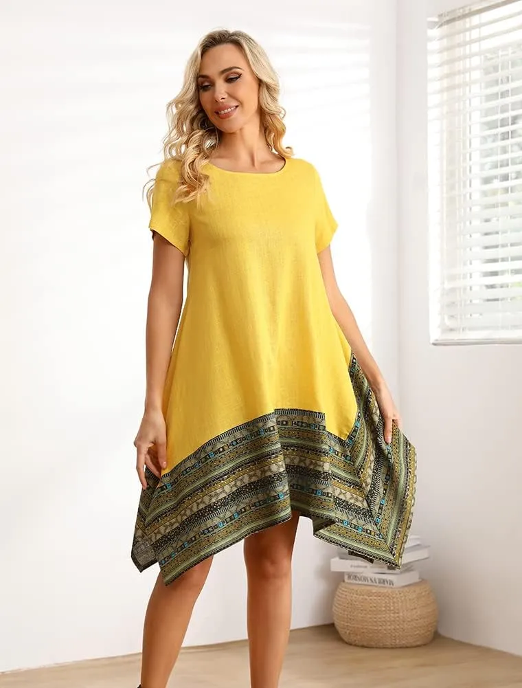 Minibee Women's Ethnic Cotton Linen Short/Long Sleeves Irregular Dress