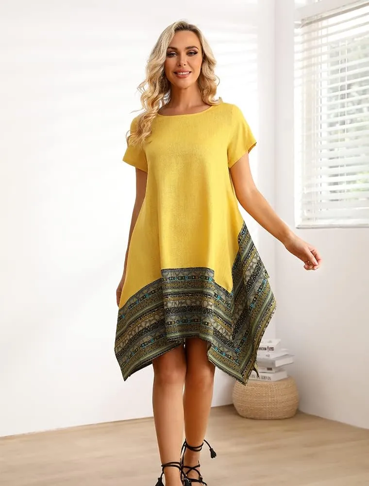 Minibee Women's Ethnic Cotton Linen Short/Long Sleeves Irregular Dress