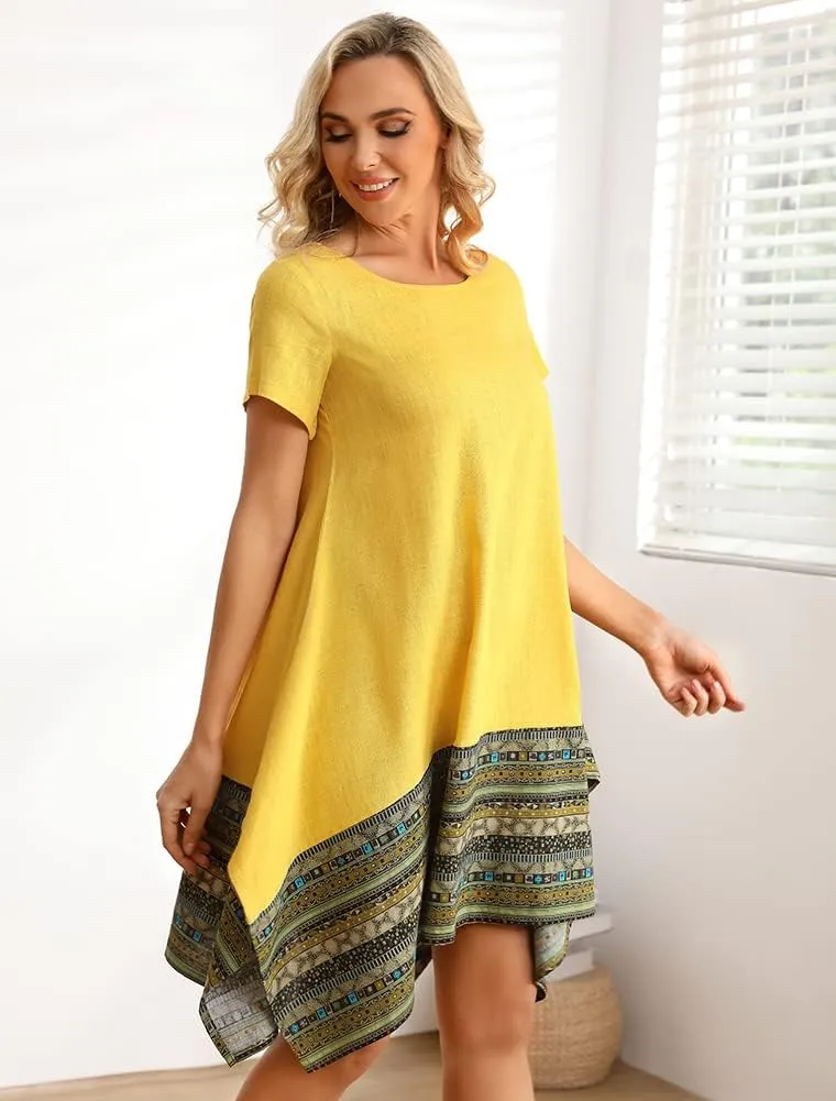 Minibee Women's Ethnic Cotton Linen Short/Long Sleeves Irregular Dress