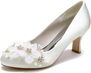 Minishion Slip on Wedding Dress Shoes for Women Low Heel Evening Formal Pumps with Flower MS299