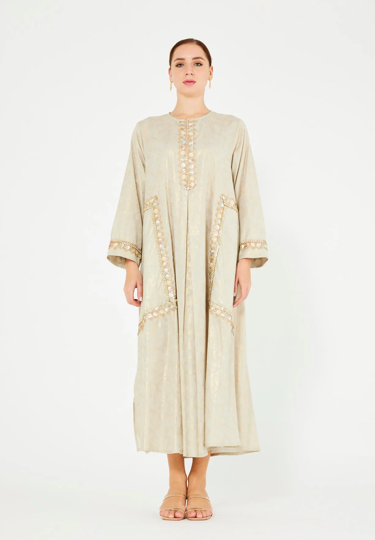 Mirror & Thread Embellished Foil Linen Jalabiya