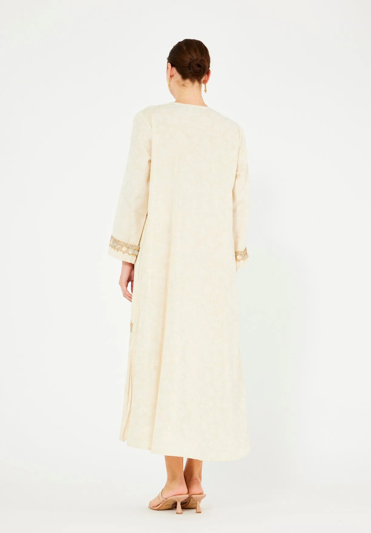 Mirror & Thread Embellished Foil Linen Jalabiya