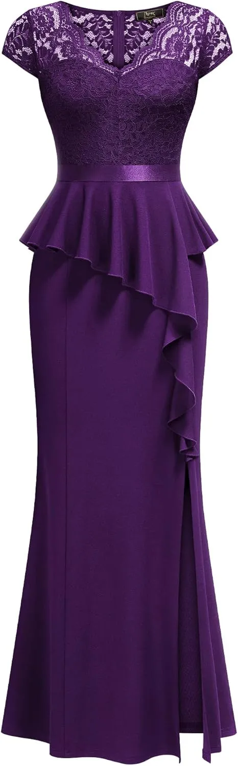 MISSMAY Women's Elegant Floral Lace Ruffle Split Cocktail Party Long Dress