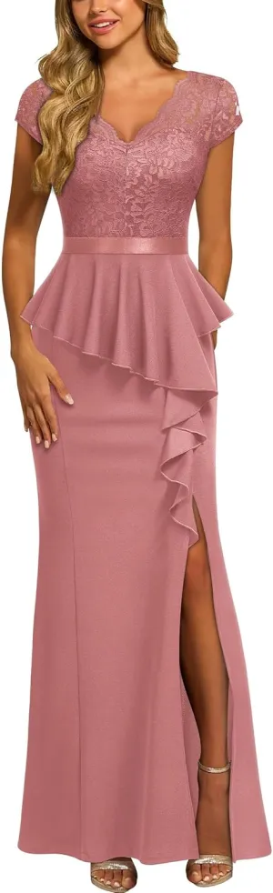 MISSMAY Women's Elegant Floral Lace Ruffle Split Cocktail Party Long Dress