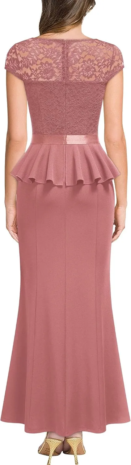 MISSMAY Women's Elegant Floral Lace Ruffle Split Cocktail Party Long Dress