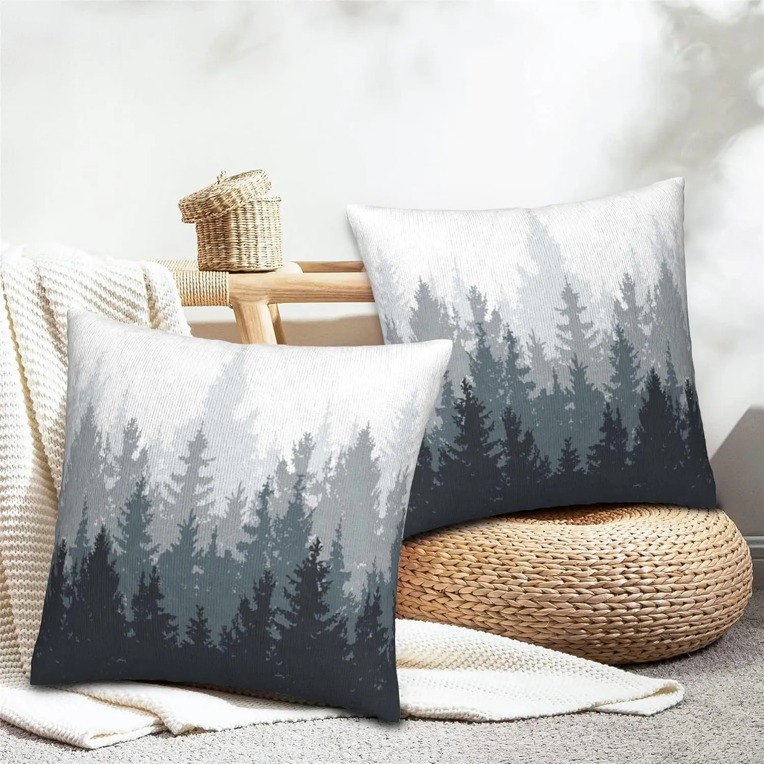Misty Forest Pillow Covers 18X18 inch Set of 2 Coniferous Trees Throw Pillow Covers Abstract Art Outdoors Decorative Cushion Case for Bed Couch Sofa Home